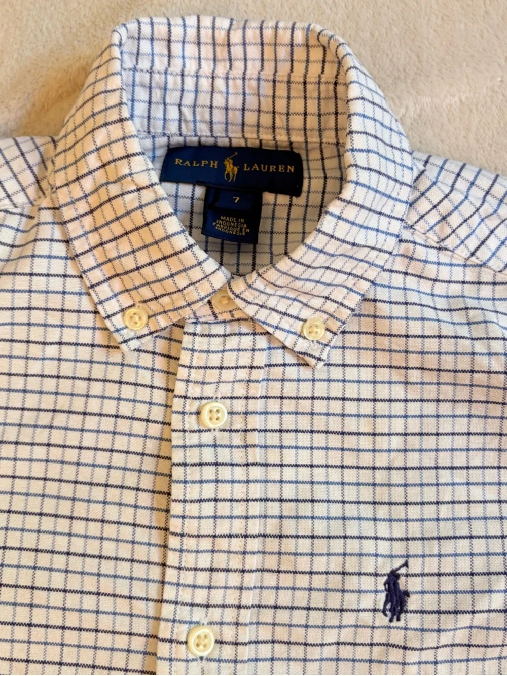 Ralph Lauren Boy’s White Buttondown Shirt with Navy Windowpane Check Sz 7